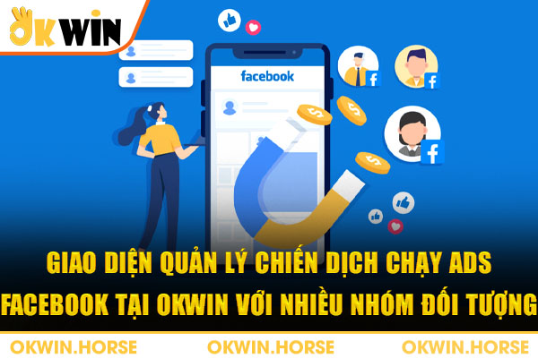 Giao diện quản lý chiến dịch chạy ads Facebook tại OKWIN với nhiều nhóm đối tượng